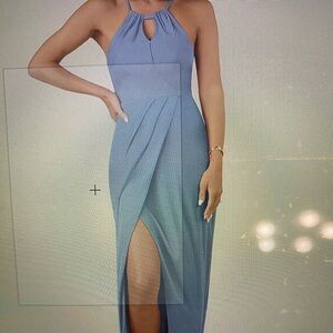 Azazie Hadid stretch sheath pleated mesh floor length dress dusty blue
